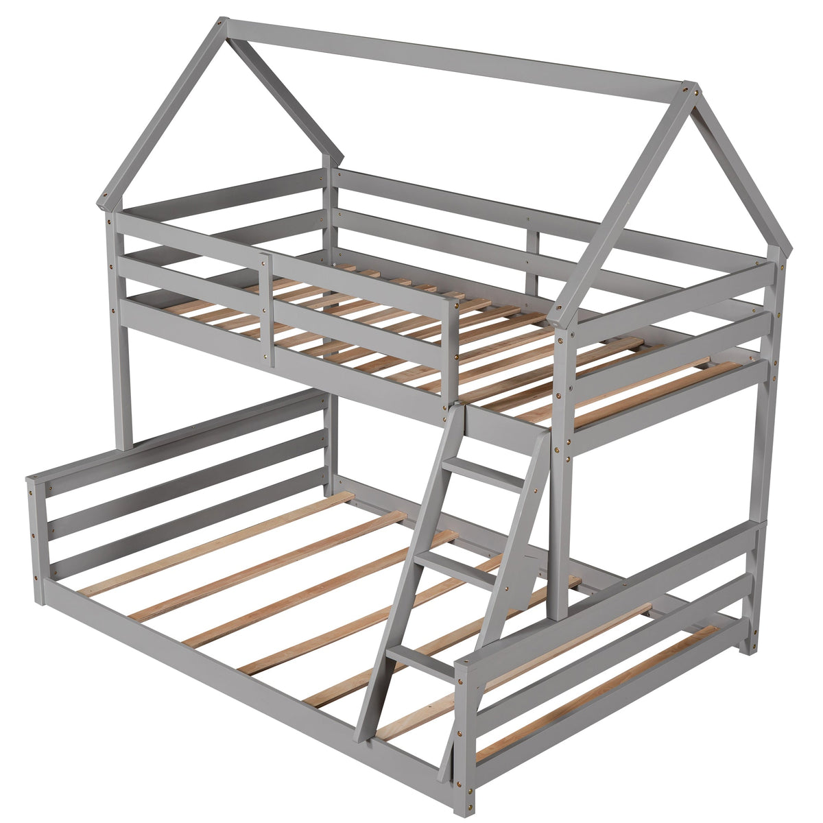 Gray Twin Over Full Bunk Bed with Ladder and Guardrails
