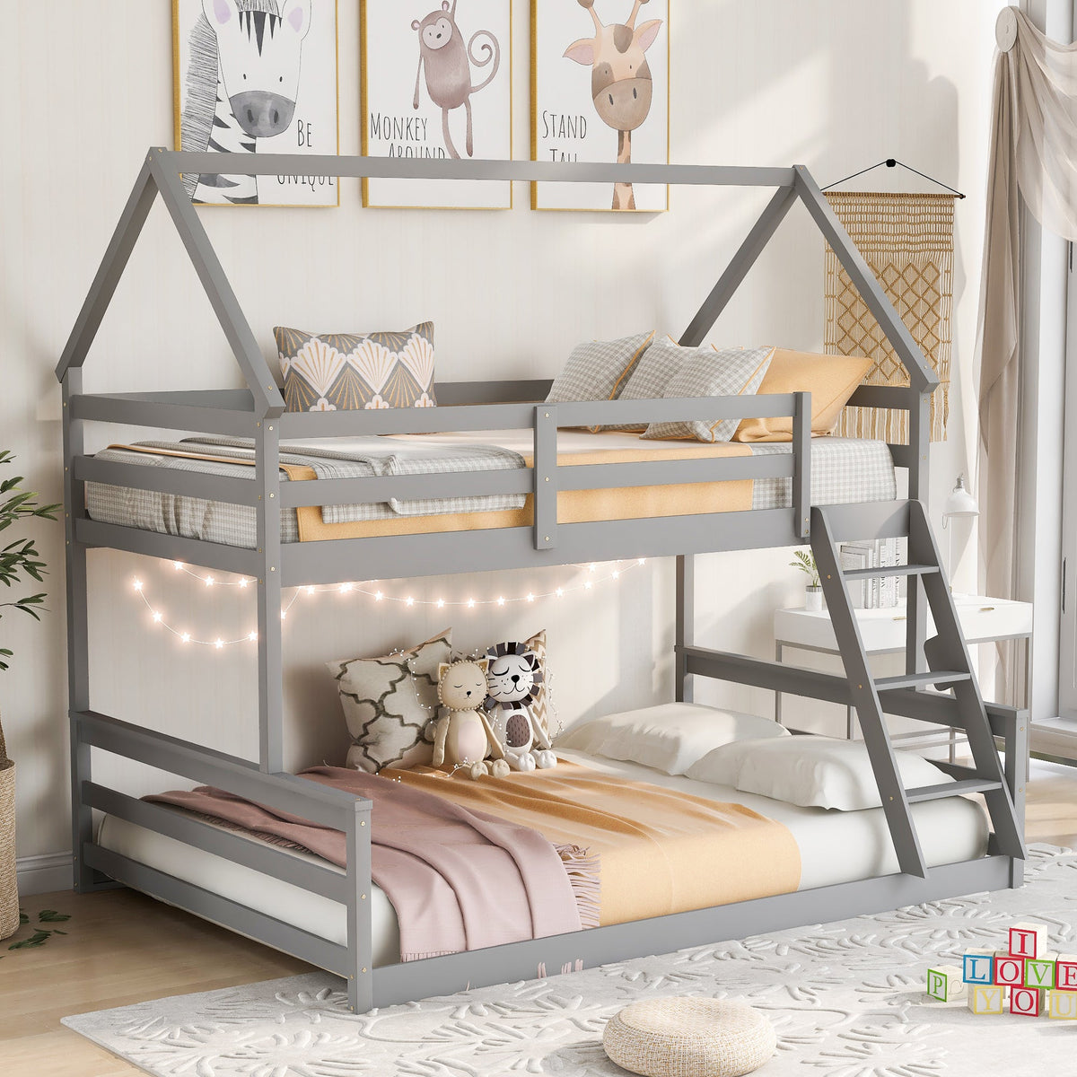Gray Twin Over Full Bunk Bed with Ladder and Guardrails