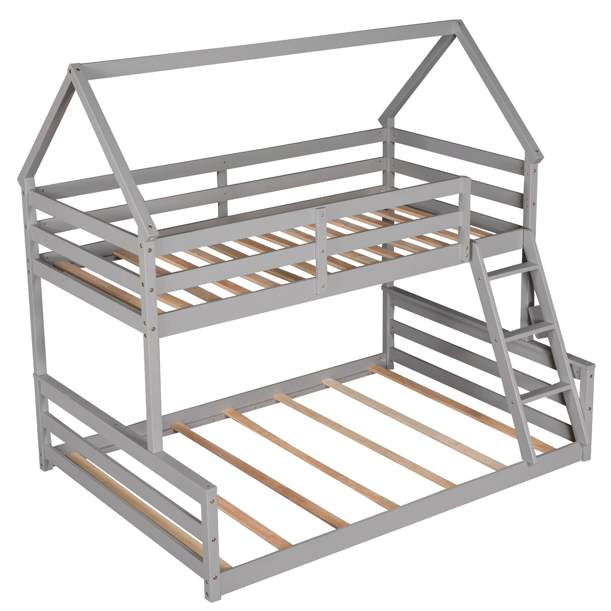 Gray Twin Over Full Bunk Bed with Ladder and Guardrails