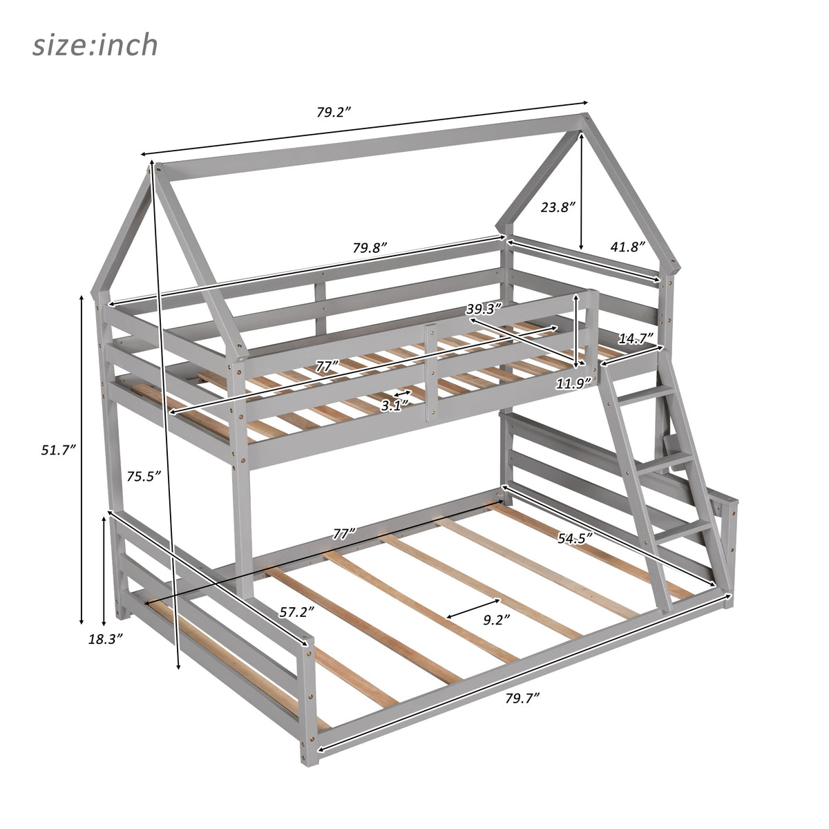Gray Twin Over Full Bunk Bed with Ladder and Guardrails