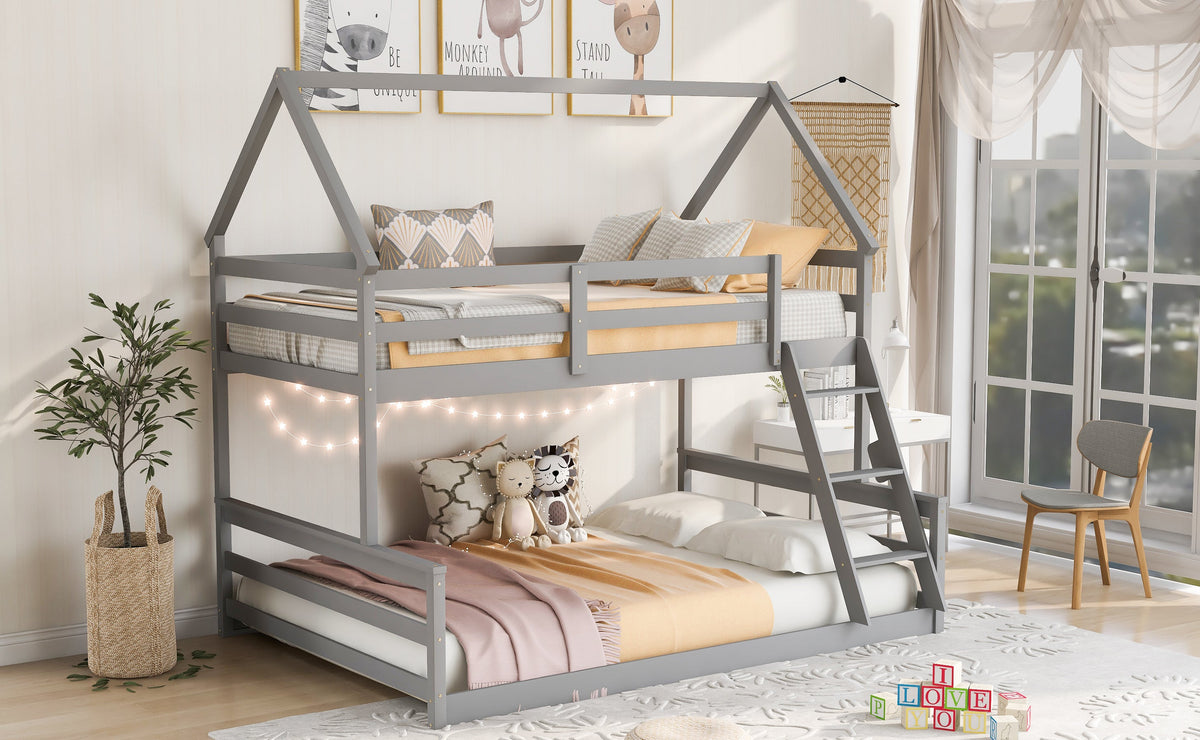 Gray Twin Over Full Bunk Bed with Ladder and Guardrails