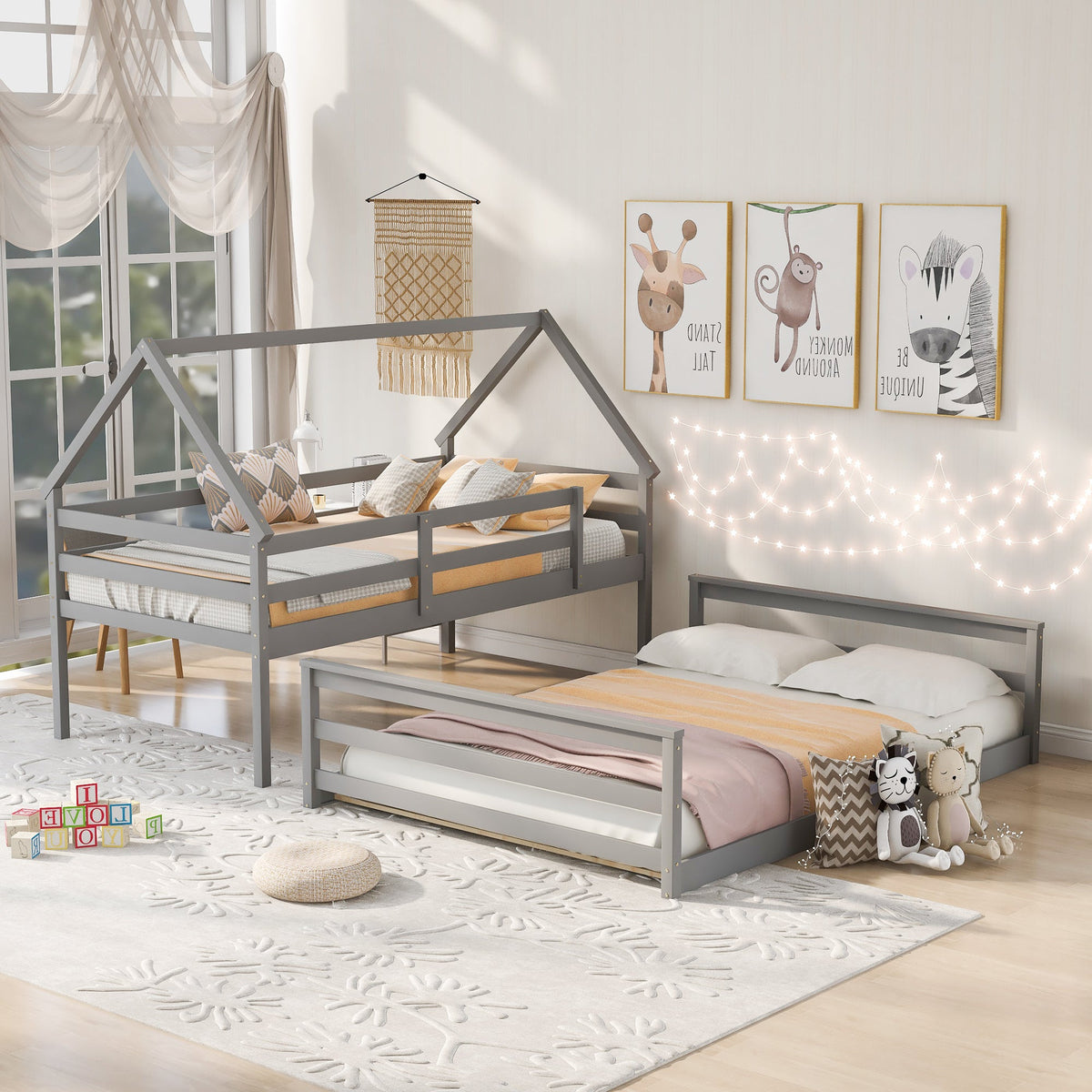 Gray Twin Over Full Bunk Bed with Ladder and Guardrails