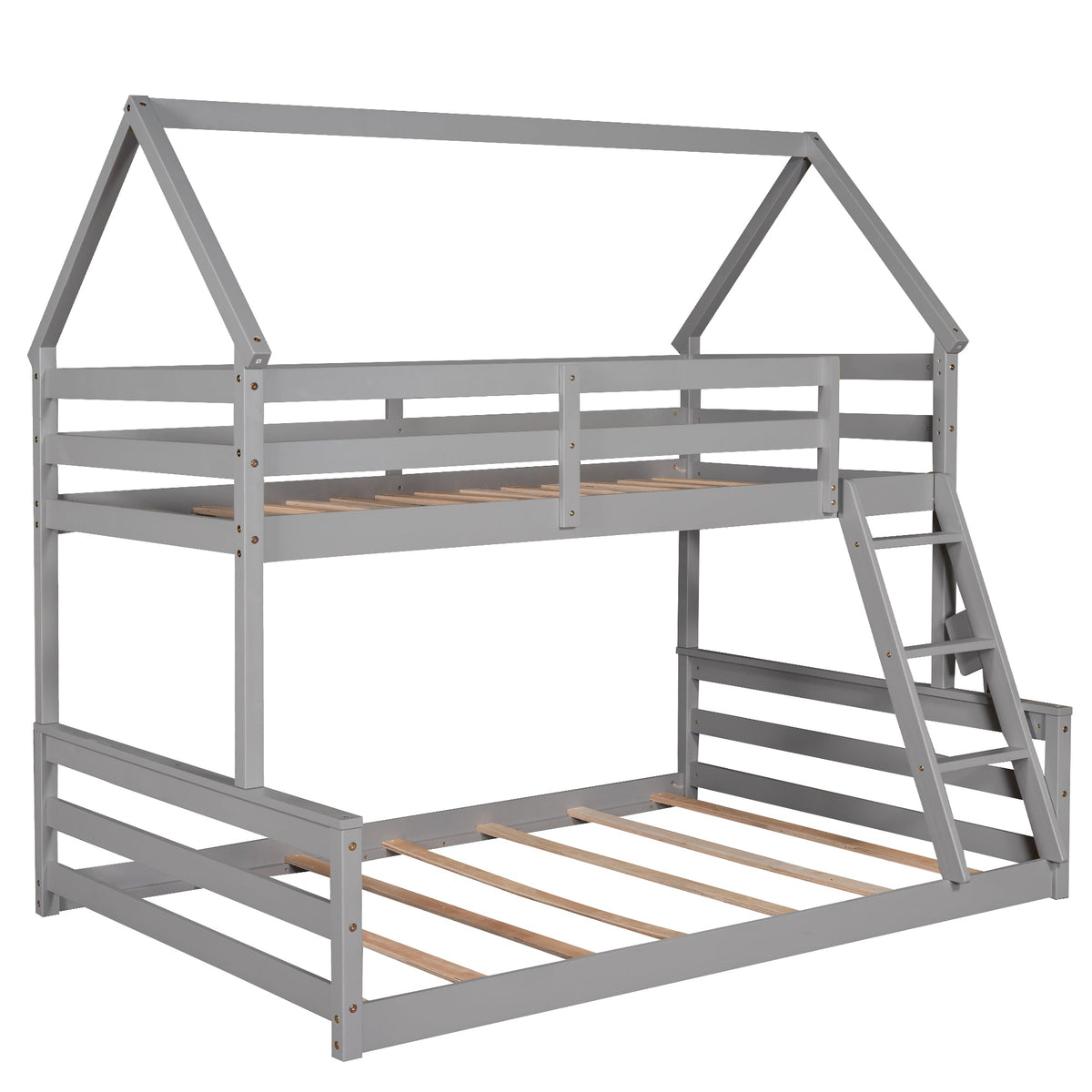 Gray Twin Over Full Bunk Bed with Ladder and Guardrails
