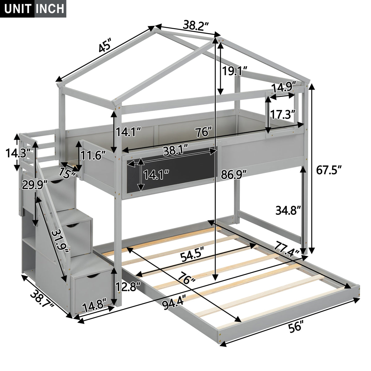 Twin Over Full Bunk Bed with Storage Stairs and Chalkboard