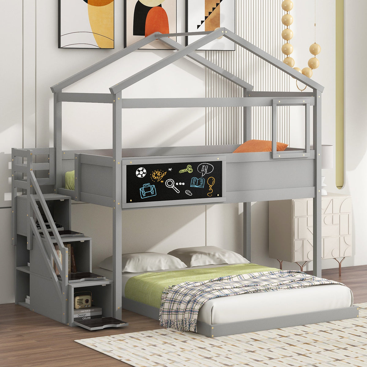 Twin Over Full Bunk Bed with Storage Stairs and Chalkboard
