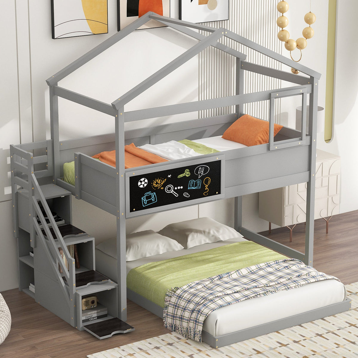 Twin Over Full Bunk Bed with Storage Stairs and Chalkboard