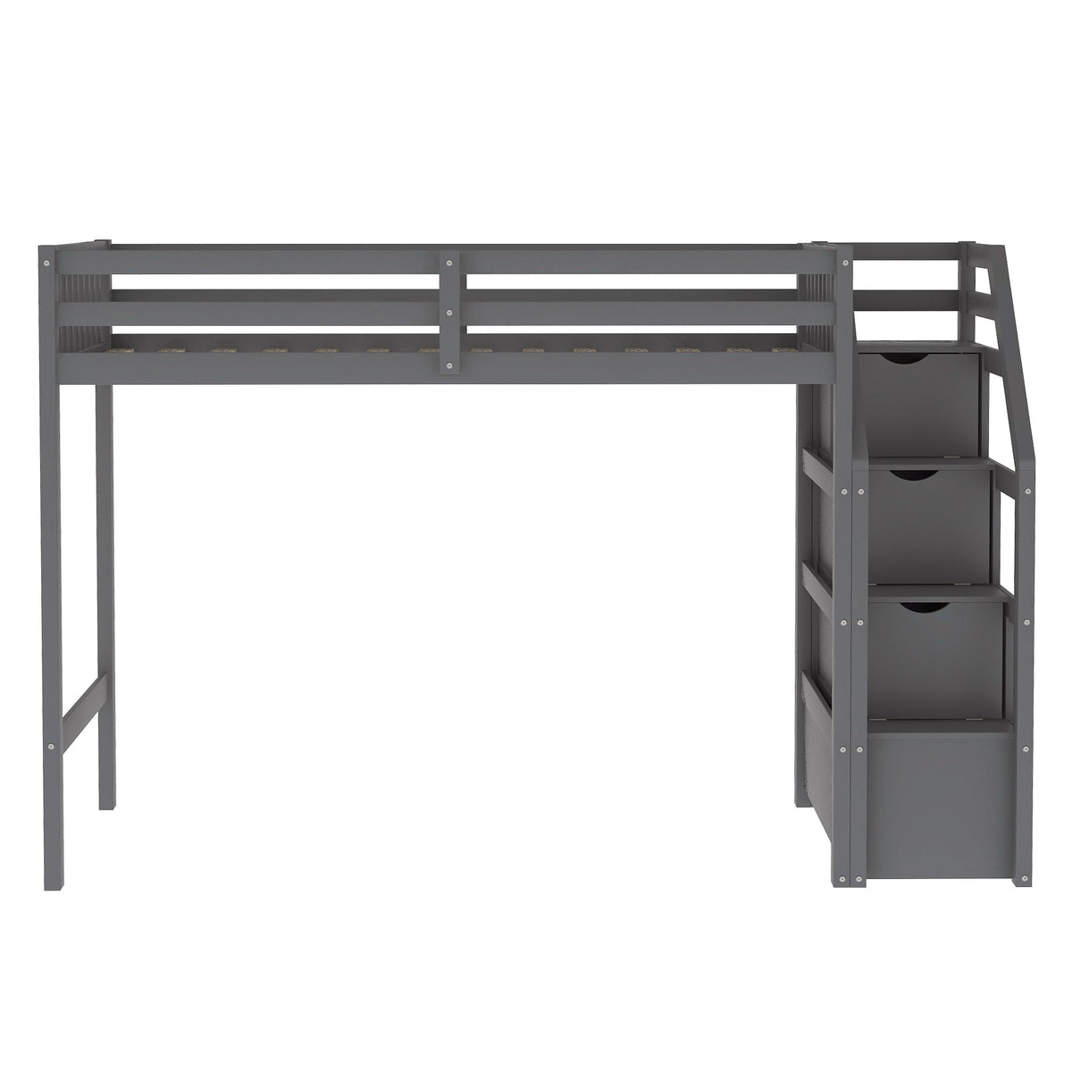 Twin Over Full Loft Bed with Drawer Staircase in Gray