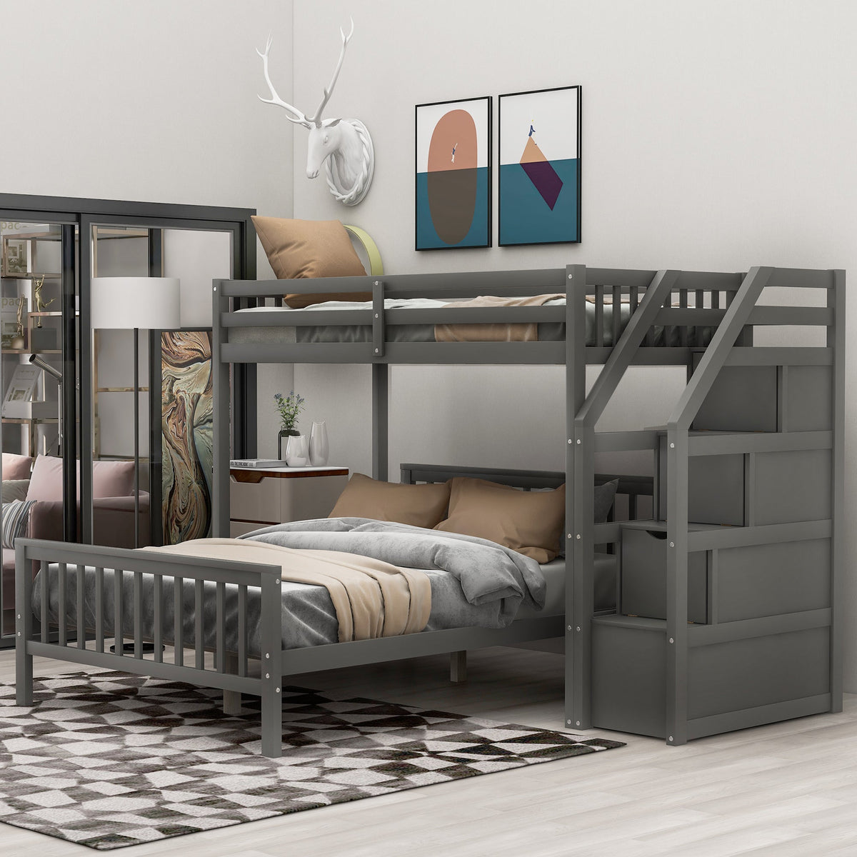 Twin Over Full Loft Bed with Drawer Staircase in Gray