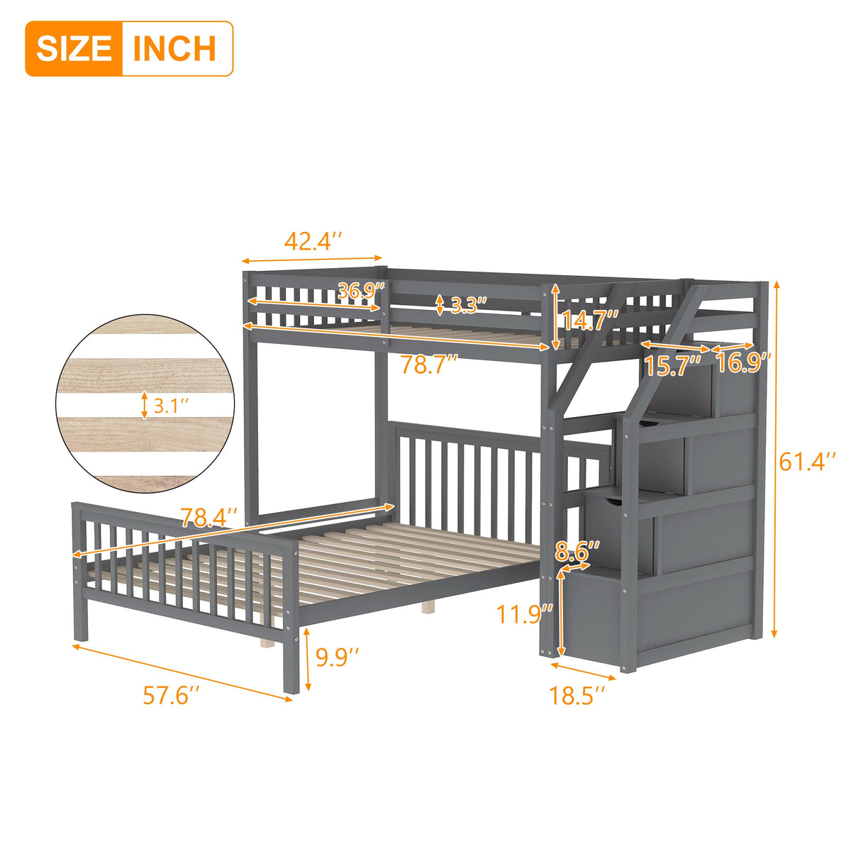 Twin Over Full Loft Bed with Drawer Staircase in Gray