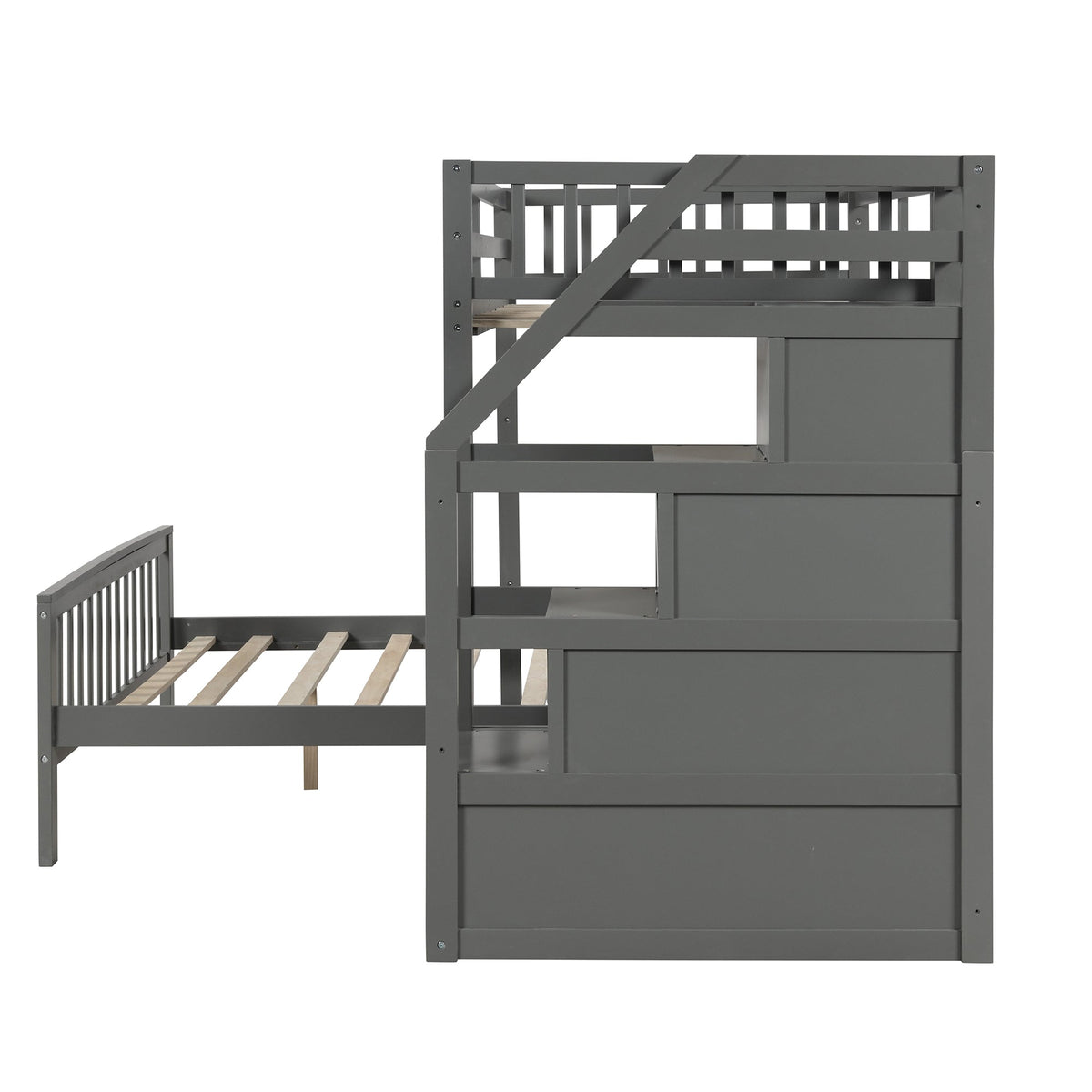 Twin Over Full Loft Bed with Drawer Staircase in Gray
