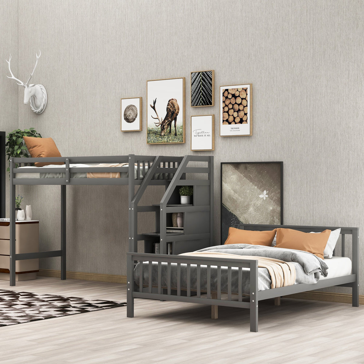 Twin Over Full Loft Bed with Drawer Staircase in Gray
