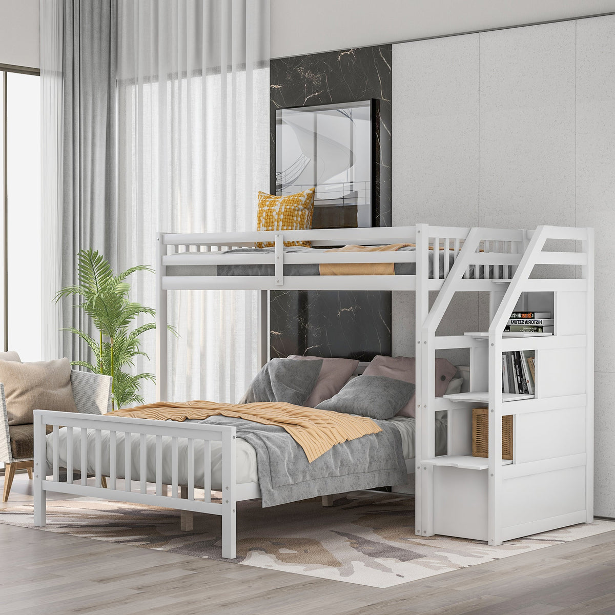 Twin Over Full Loft Bed with Storage Staircase, White