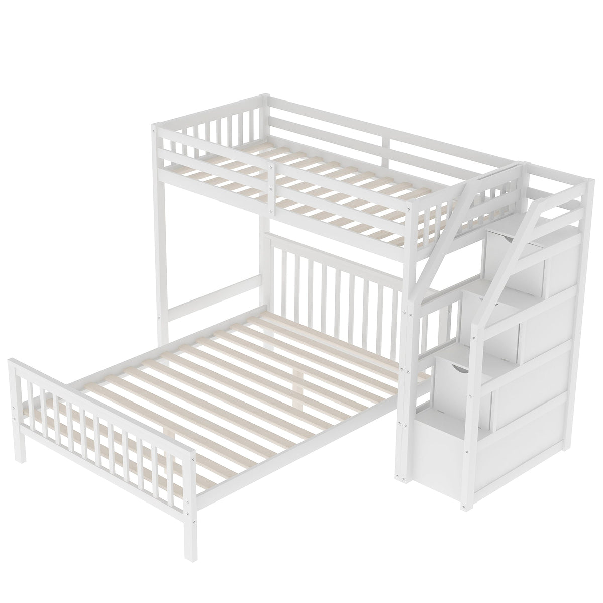Twin Over Full Loft Bed with Storage Staircase, White