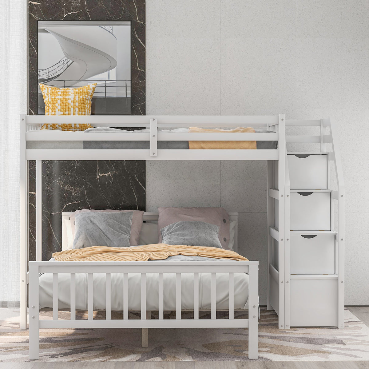 Twin Over Full Loft Bed with Storage Staircase, White