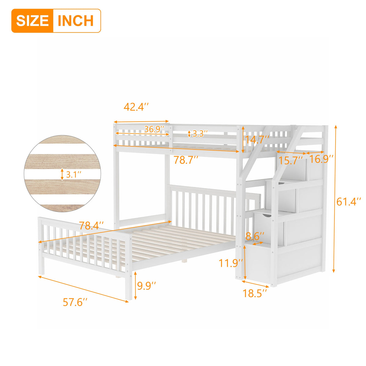 Twin Over Full Loft Bed with Storage Staircase, White