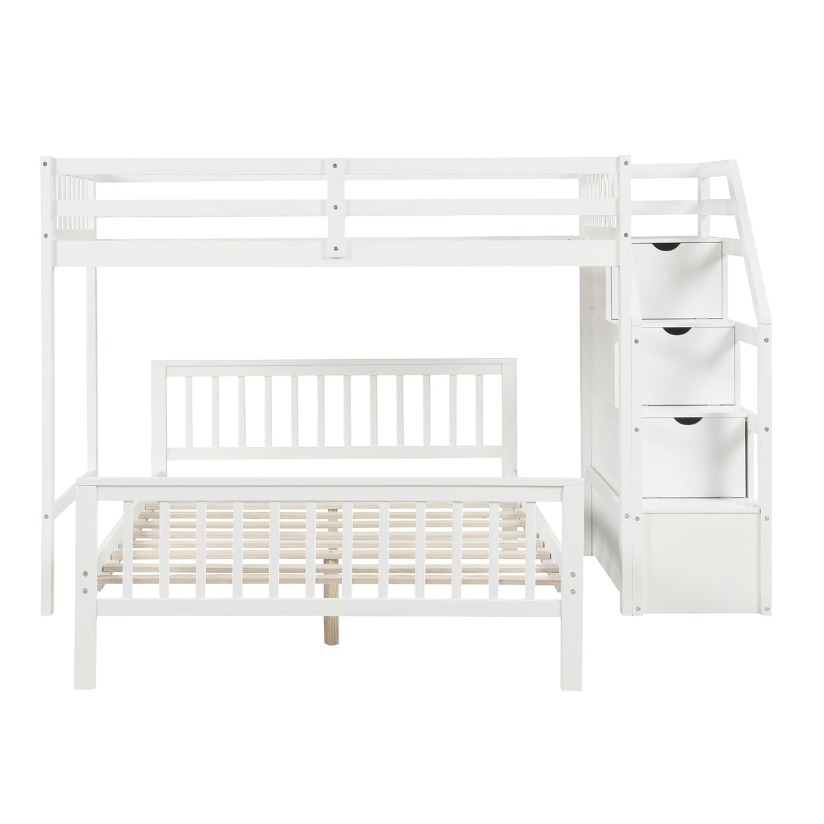 Twin Over Full Loft Bed with Storage Staircase, White
