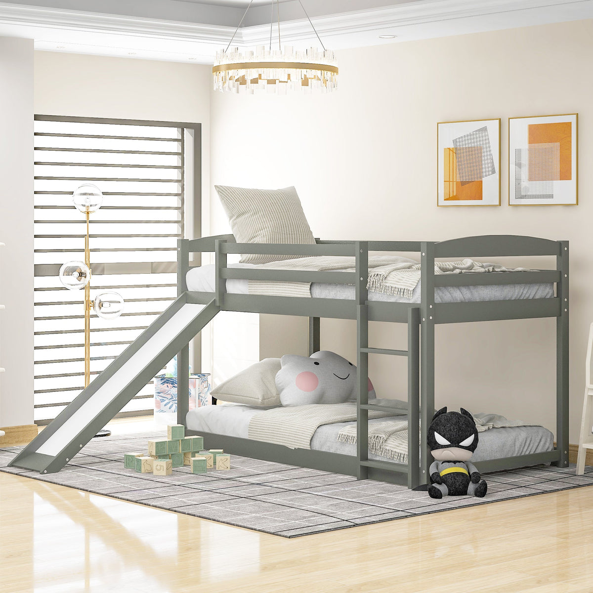 Gray Twin Over Twin Bunk Bed With Slide and Ladder