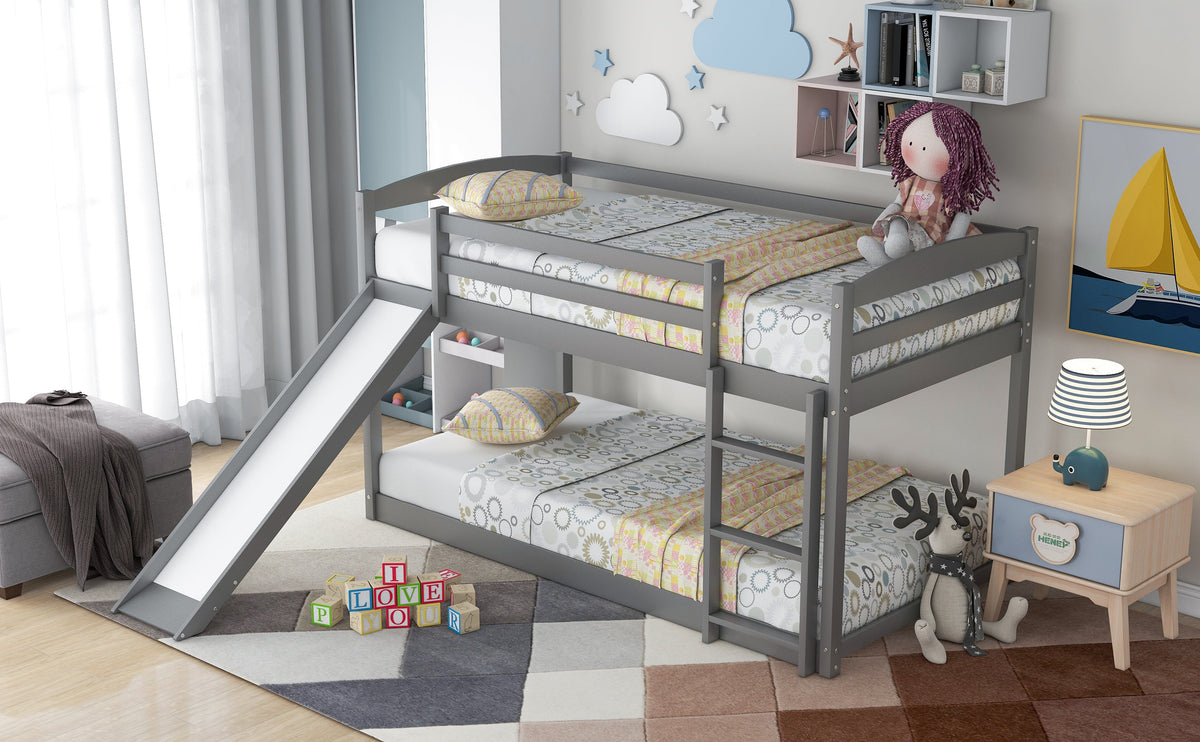 Gray Twin Over Twin Bunk Bed With Slide and Ladder