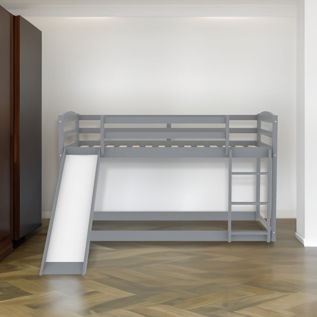 Gray Twin Over Twin Bunk Bed With Slide and Ladder