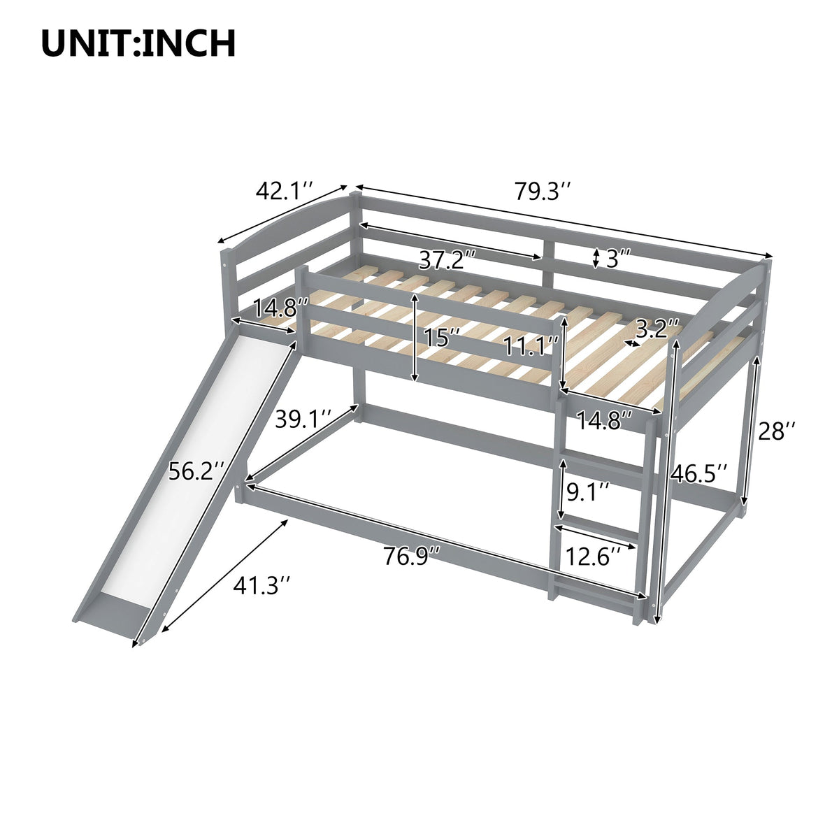 Gray Twin Over Twin Bunk Bed With Slide and Ladder