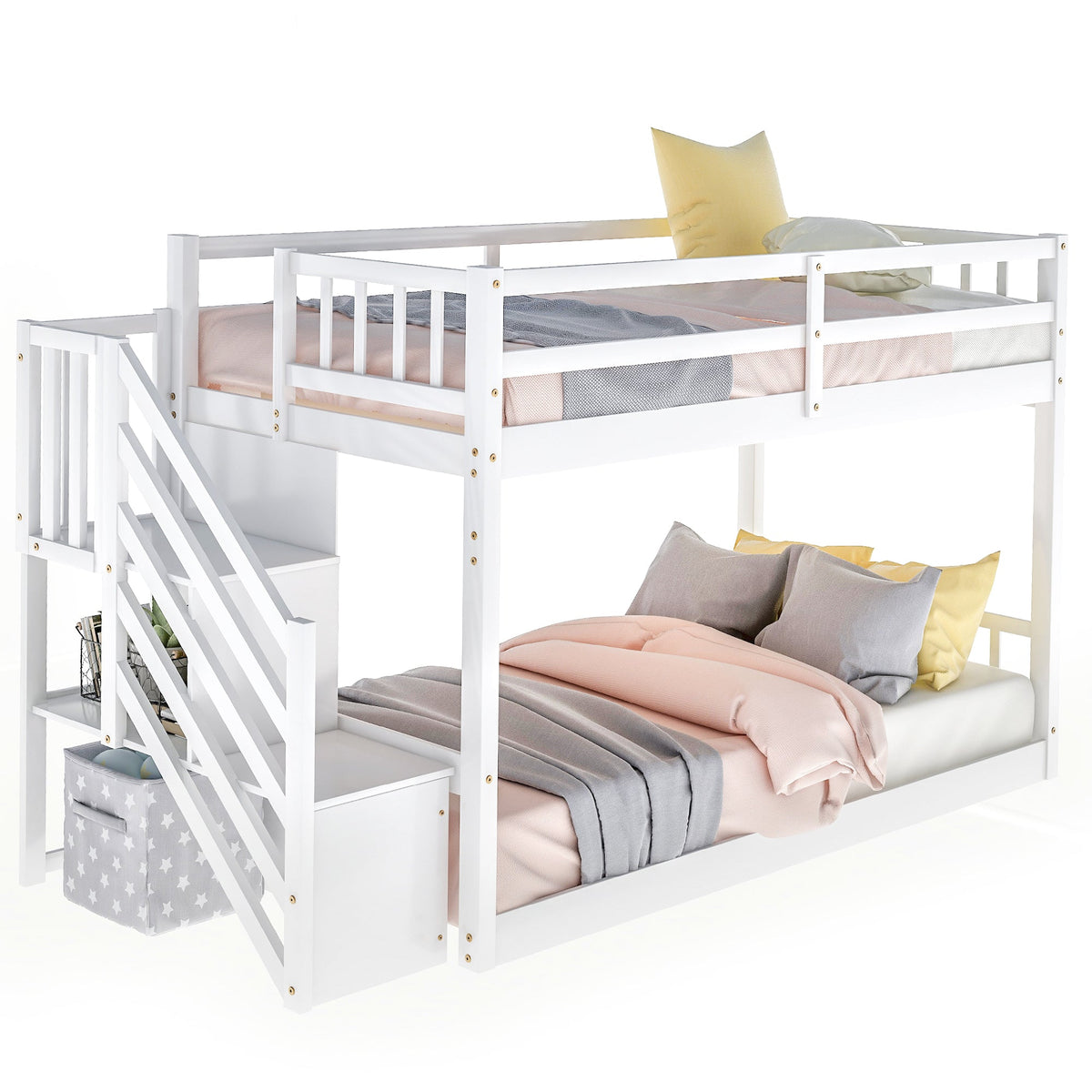 Twin Over Twin Bunk Bed with Staircase Storage, White