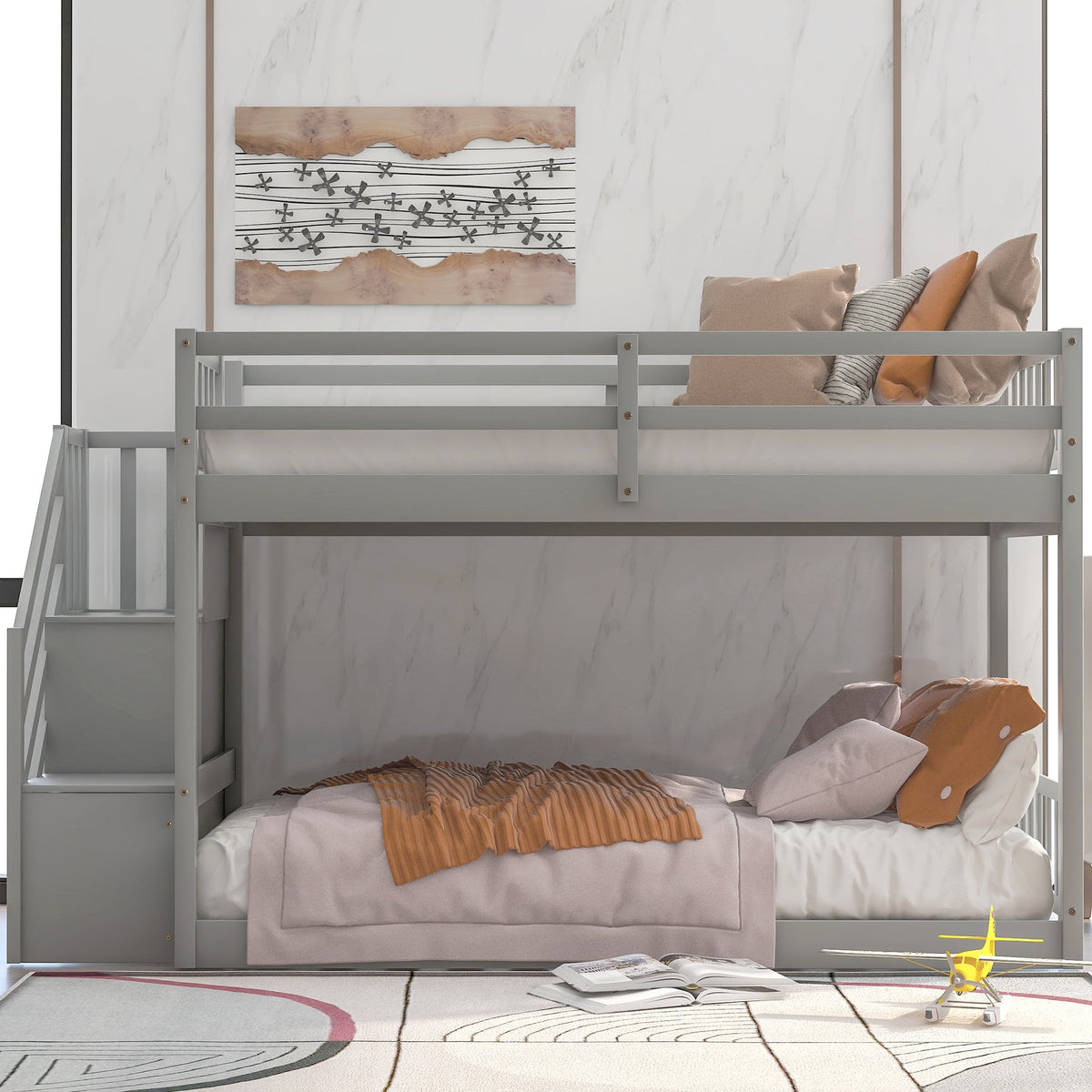 Twin Over Twin Bunk Bed With Storage Stairs, Gray