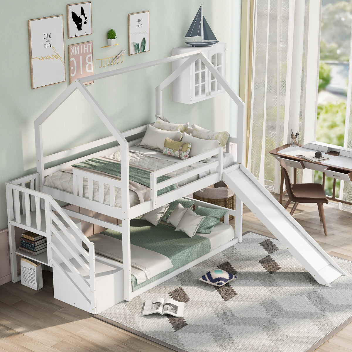 Twin Over Twin Bunk Bed with Slide and Storage Stairs