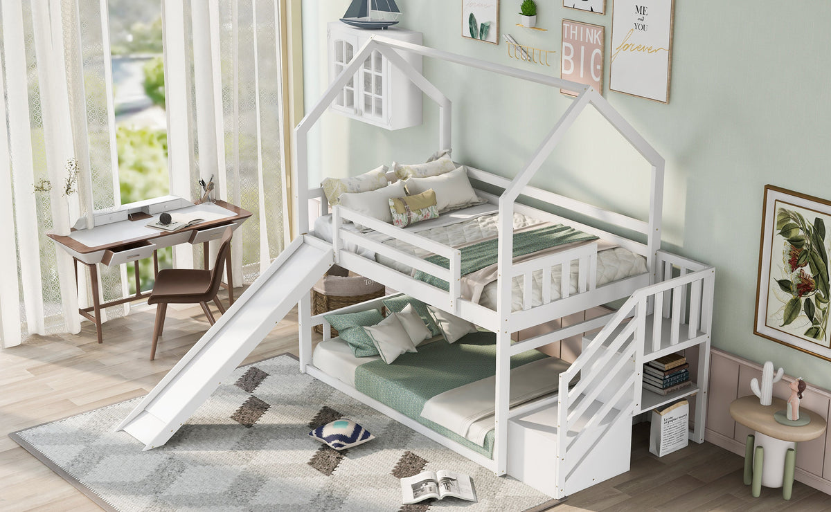 Twin Over Twin Bunk Bed with Slide and Storage Stairs