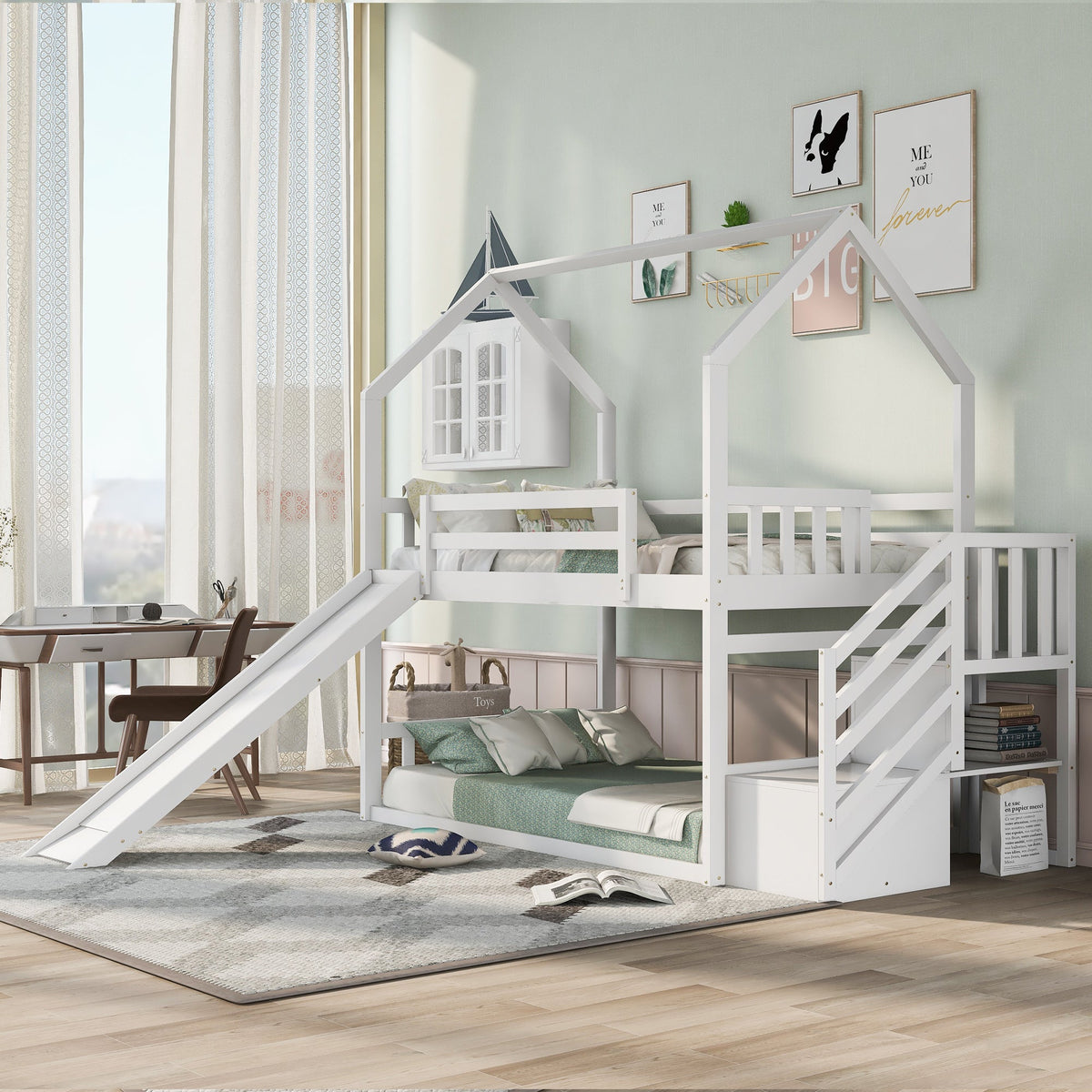 Twin Over Twin Bunk Bed with Slide and Storage Stairs