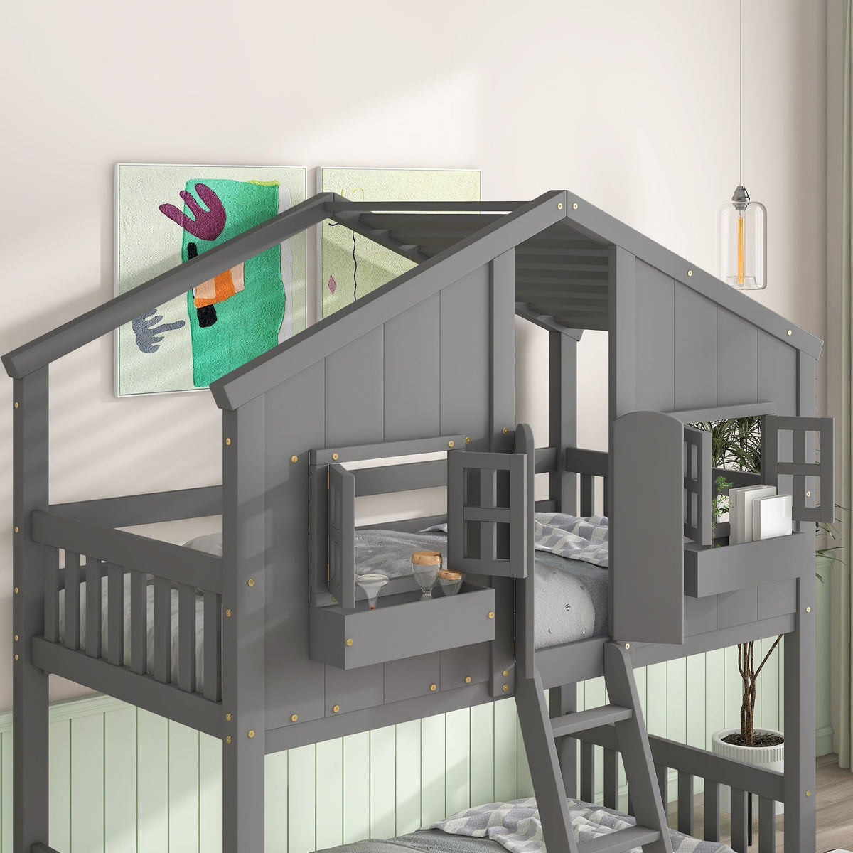 Twin Over Twin House Bunk Bed with Guardrails & Ladder