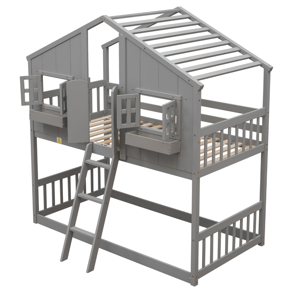 Twin Over Twin House Bunk Bed with Guardrails & Ladder