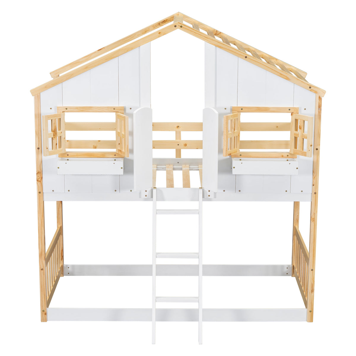 Twin Over Twin Playhouse Bunk Bed with Guardrails and Ladder