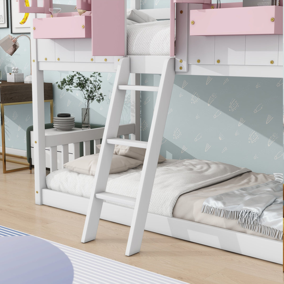 Twin Over Twin Bunk Bed for Kids with Guardrails and Ladder