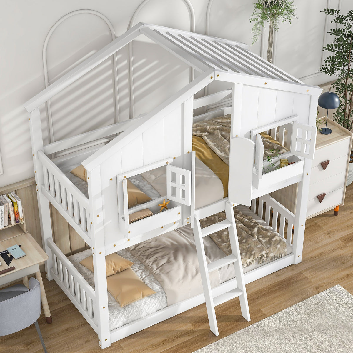 Twin Over Twin Playhouse Bunk Bed with Guardrails and Ladder
