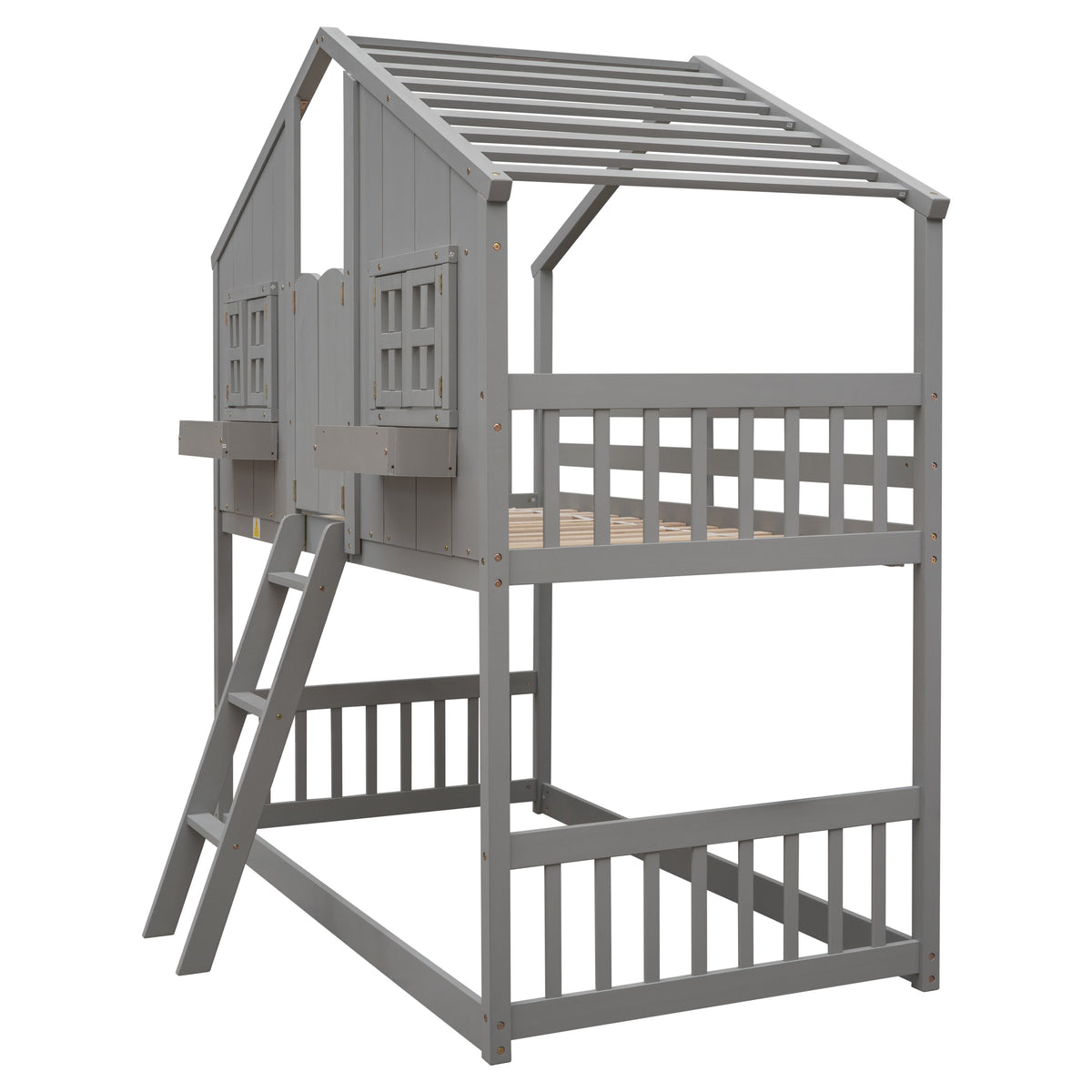 Twin Over Twin House Bunk Bed with Guardrails & Ladder