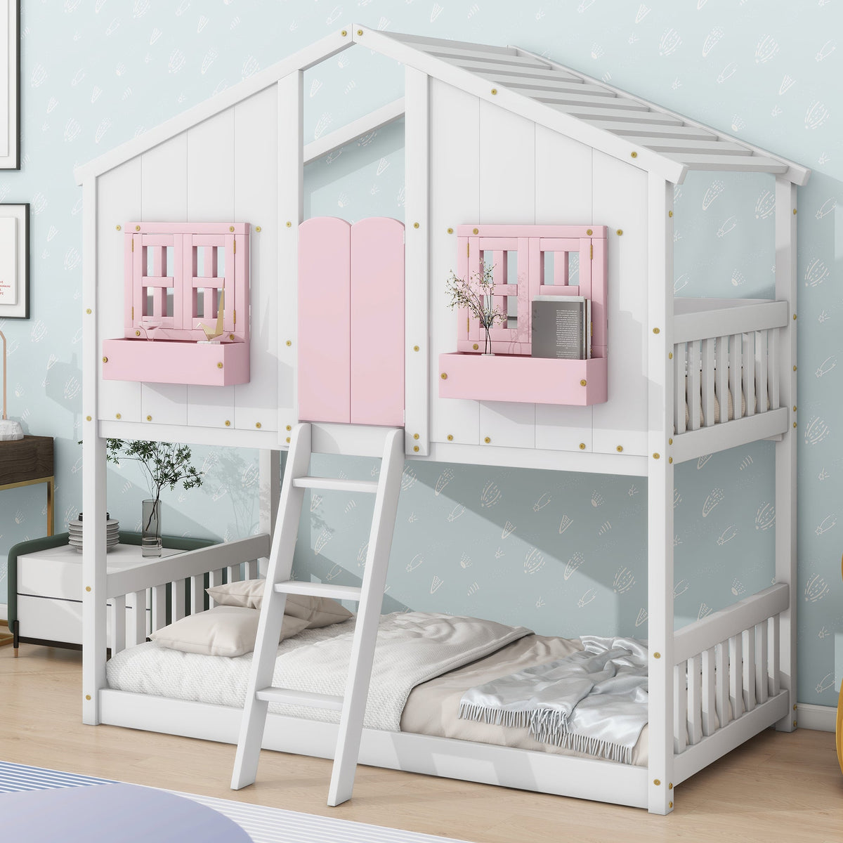 Twin Over Twin Bunk Bed for Kids with Guardrails and Ladder