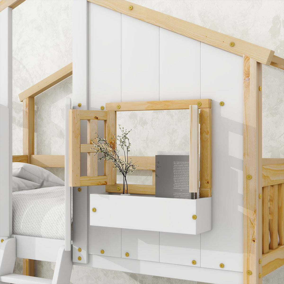 Twin Over Twin Playhouse Bunk Bed with Guardrails and Ladder