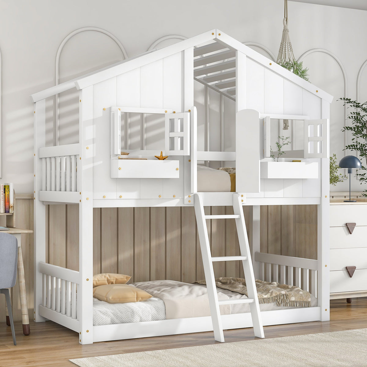 Twin Over Twin Playhouse Bunk Bed with Guardrails and Ladder