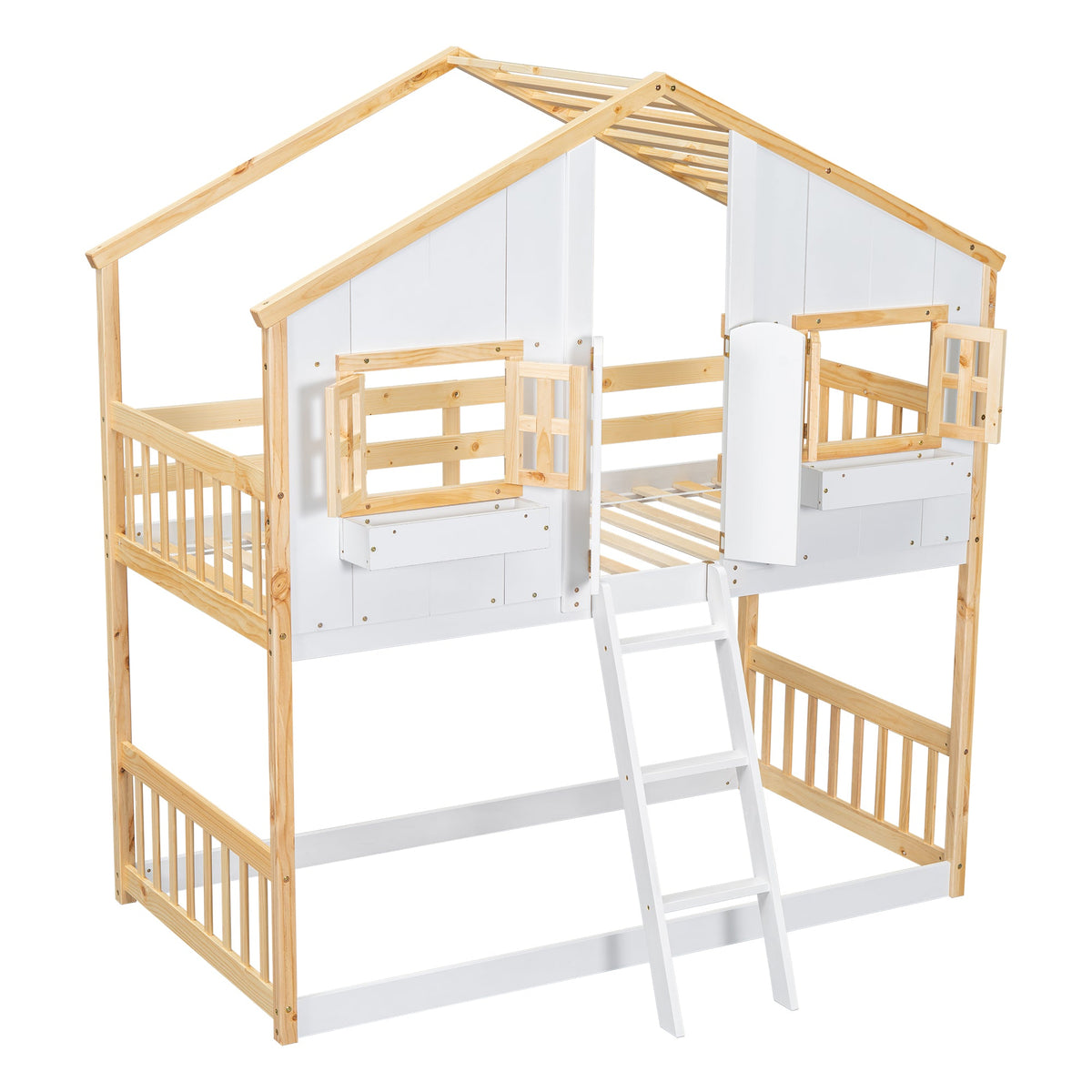 Twin Over Twin Playhouse Bunk Bed with Guardrails and Ladder