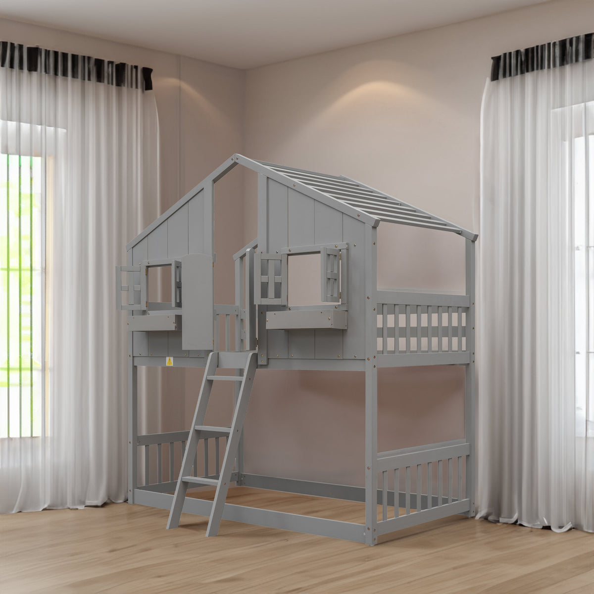 Twin Over Twin House Bunk Bed with Guardrails & Ladder