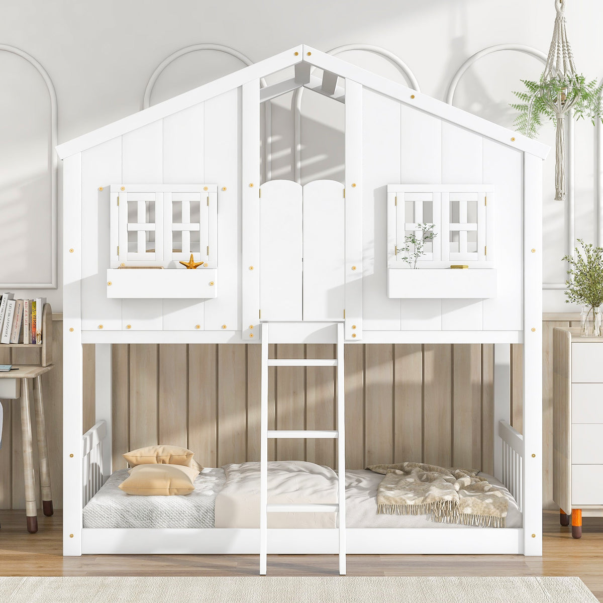 Twin Over Twin Playhouse Bunk Bed with Guardrails and Ladder
