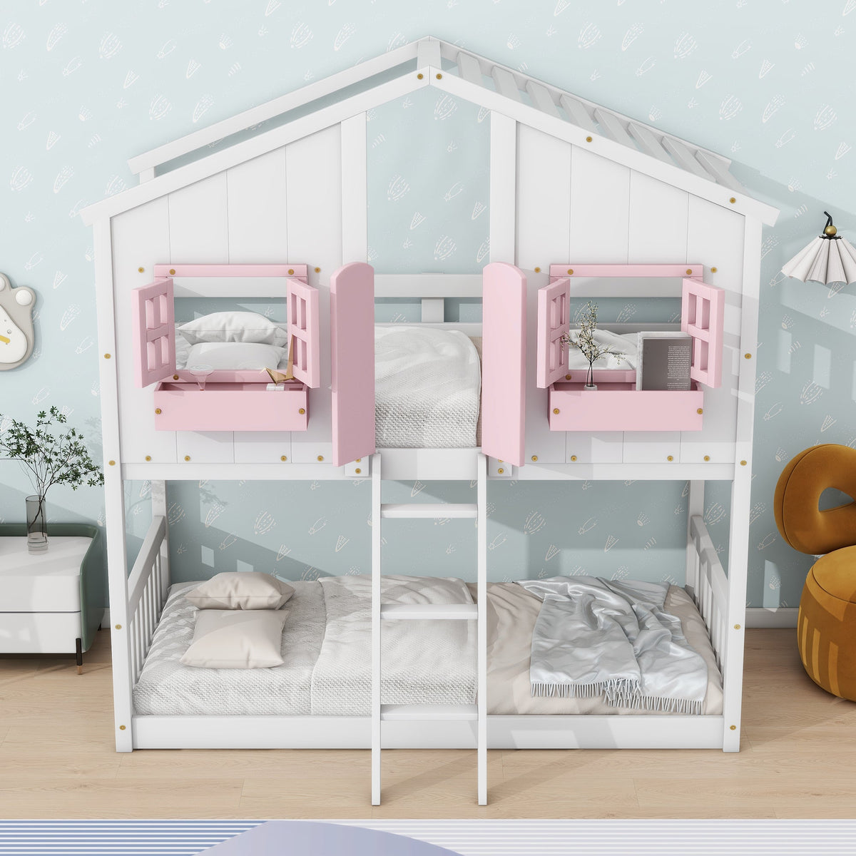 Twin Over Twin Bunk Bed for Kids with Guardrails and Ladder