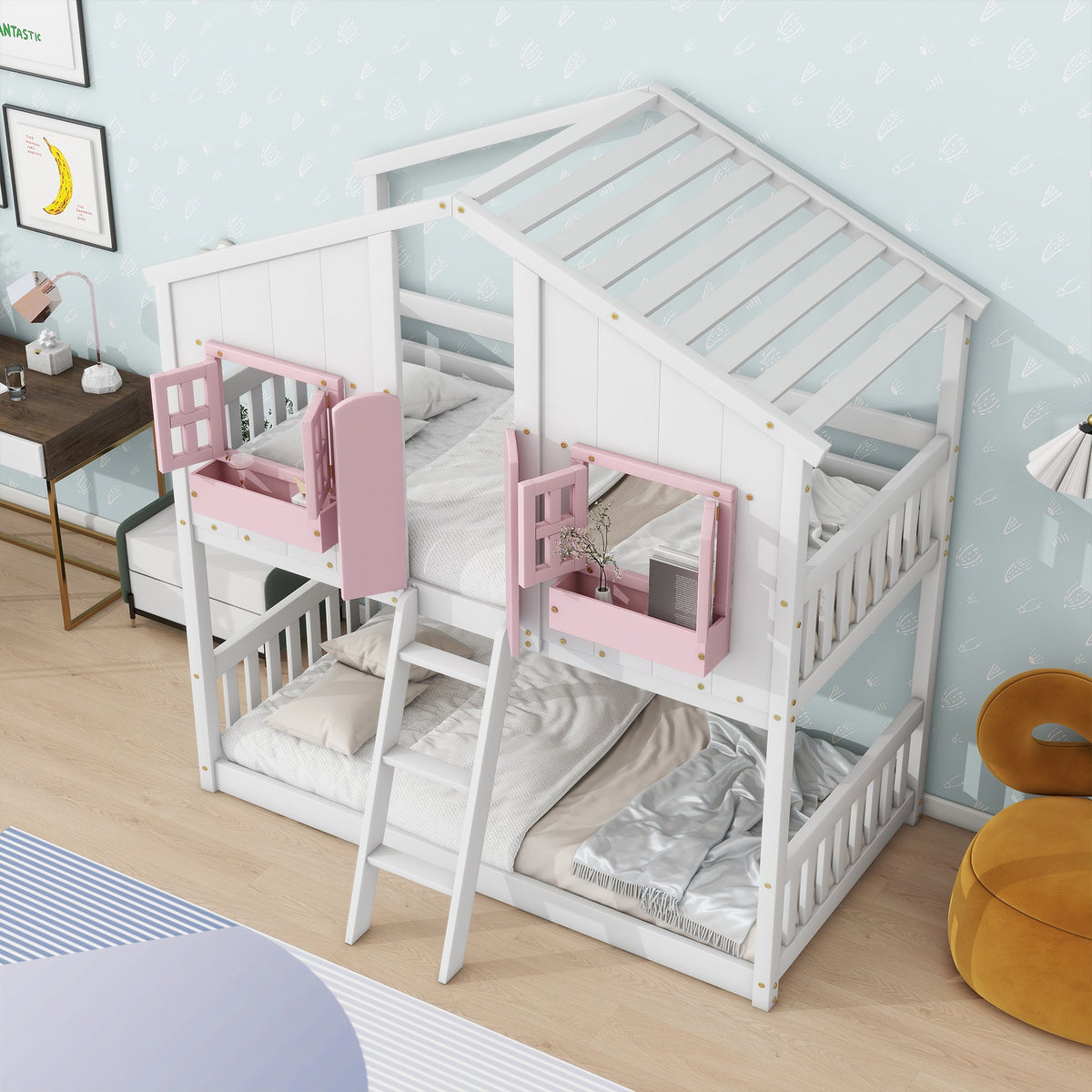 Twin Over Twin Bunk Bed for Kids with Guardrails and Ladder