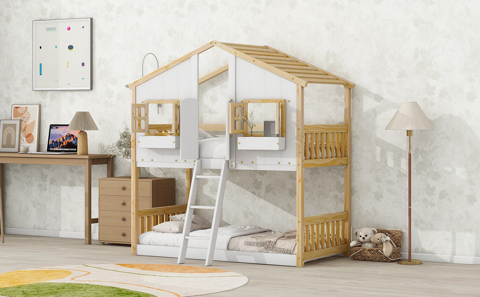 Twin Over Twin Playhouse Bunk Bed with Guardrails and Ladder