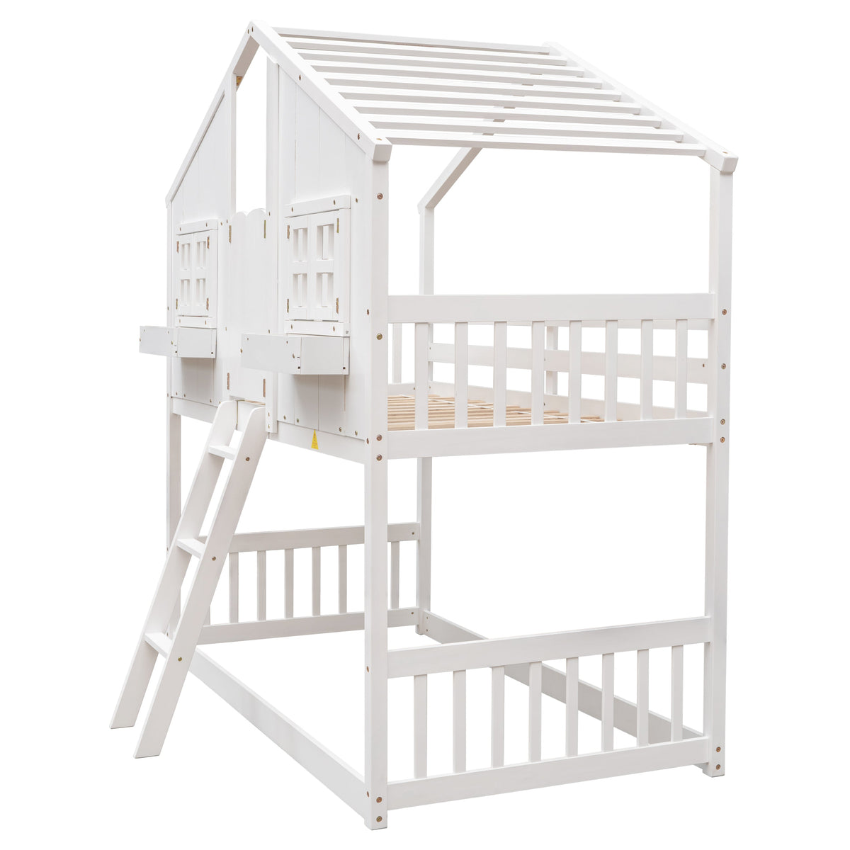 Twin Over Twin Playhouse Bunk Bed with Guardrails and Ladder