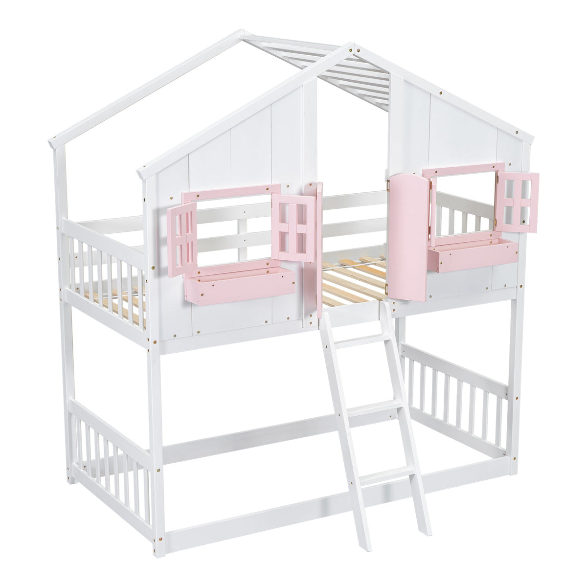 Twin Over Twin Bunk Bed for Kids with Guardrails and Ladder