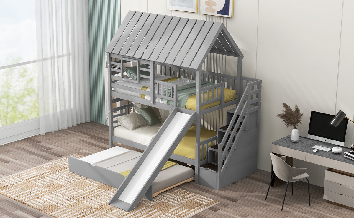 Twin Over Twin Bunk Bed with Slide and Trundle, Gray