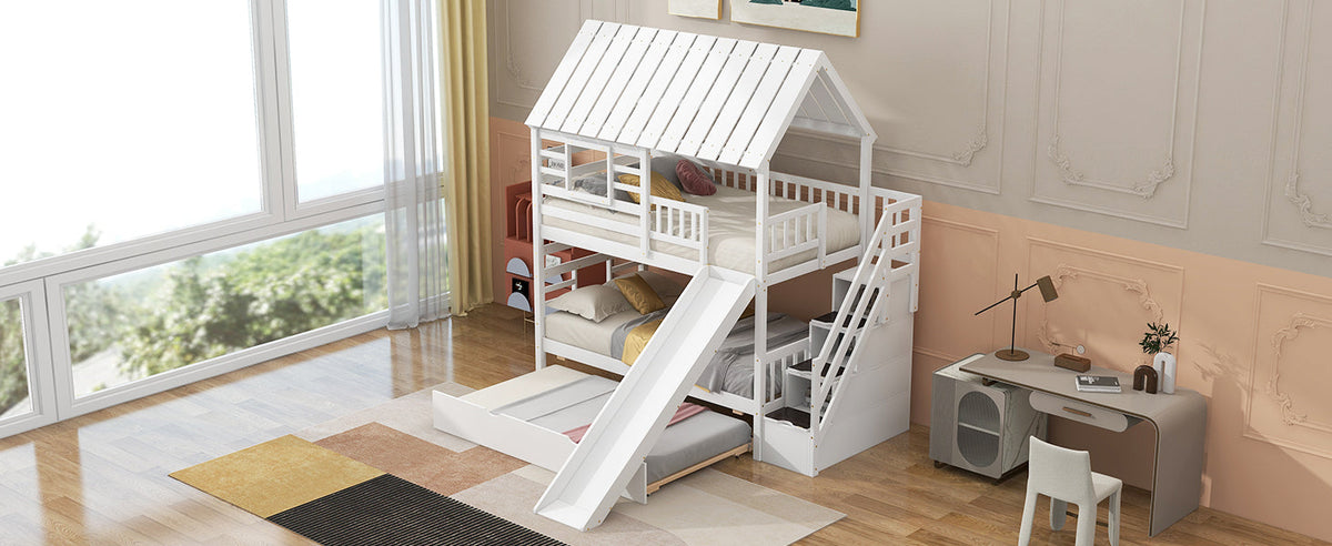 Twin Over Twin Bunk Bed with Slide & Storage Stairs