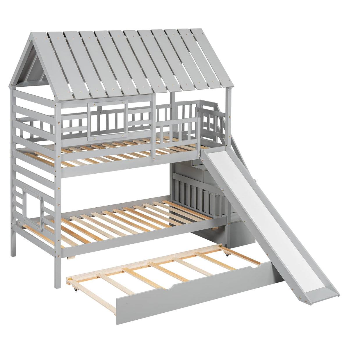 Twin Over Twin Bunk Bed with Slide and Trundle, Gray