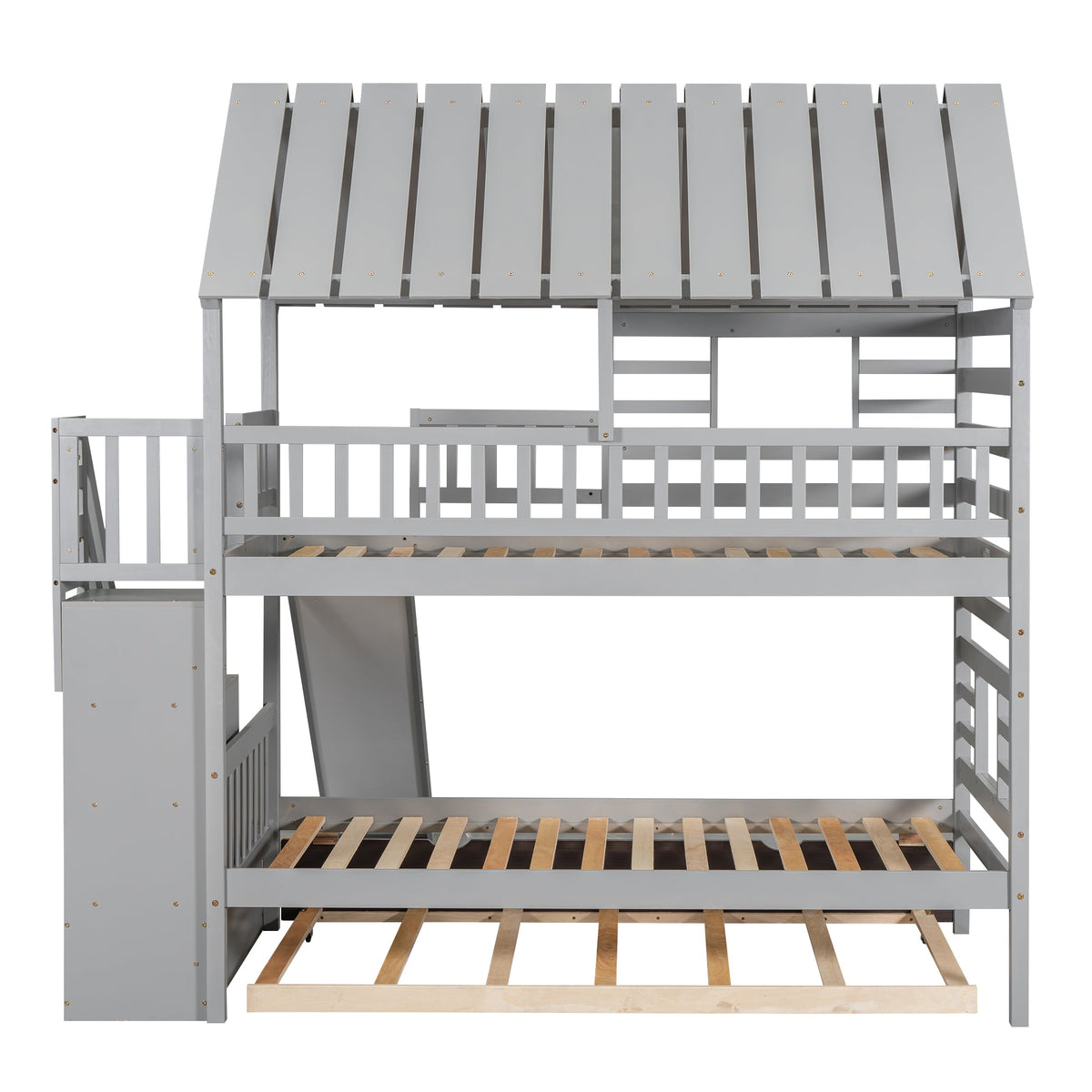 Twin Over Twin Bunk Bed with Slide and Trundle, Gray